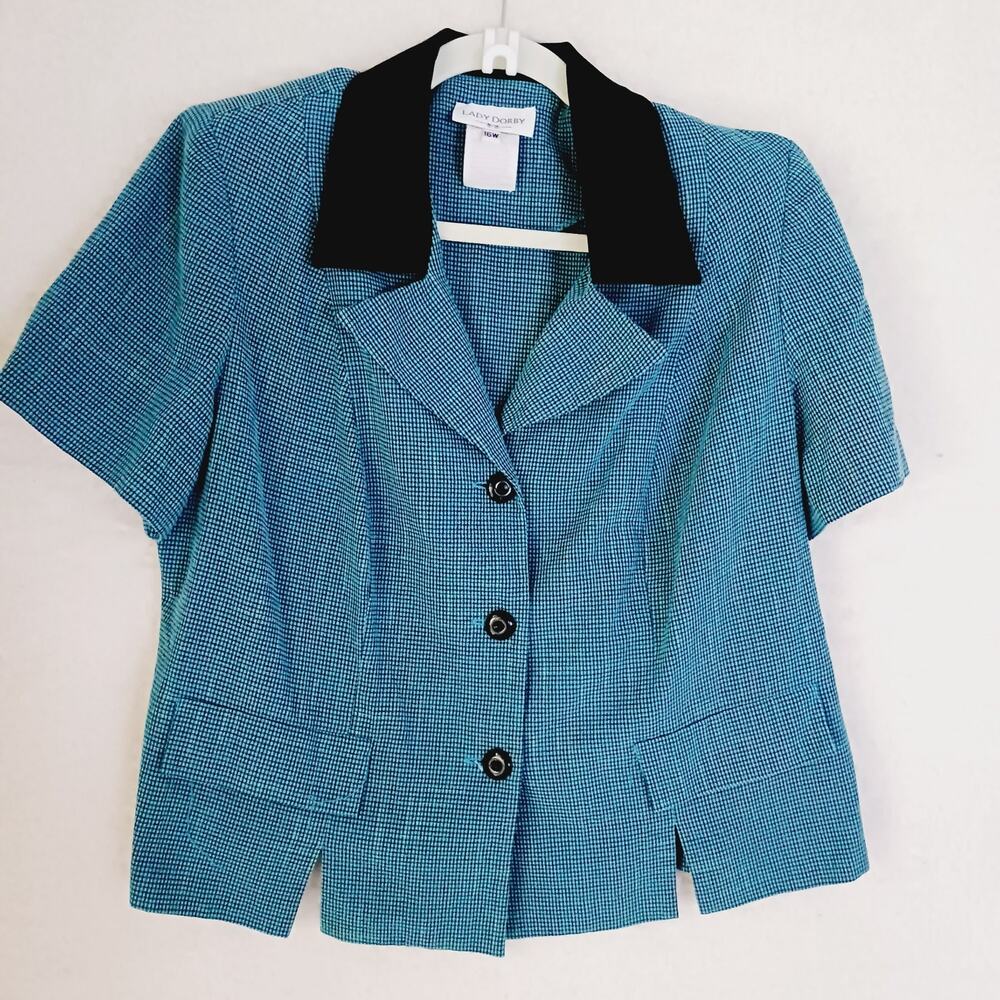 Jacket Women Button-Up Lady Dorby Teal Black Faux Pockets V-Neck Tweed Size 16W